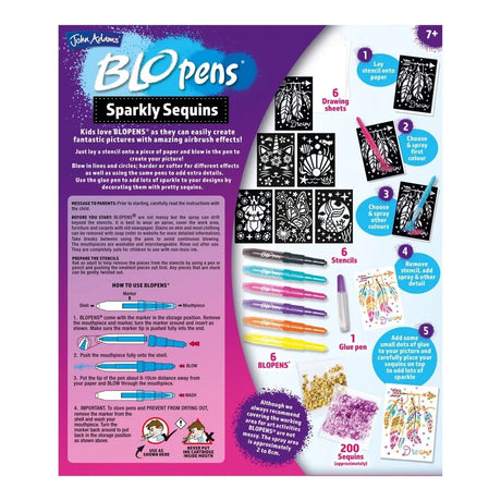 Back of Blopens Sparkly Sequins box showing contents, 6 reusable stencils and step by step instructions