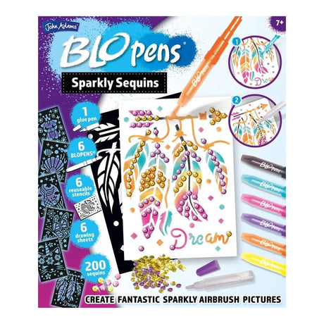 Front of Blopens Sparkly Sequins box showing 6 Blopens, reusable stencils, glue pen, 200 sequins and finished feather artwork