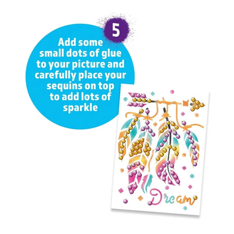 Blopens Sparkly Sequins step showing glue dots and sequins added to the finished feather picture