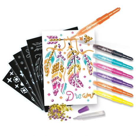 Blopens Sparkly Sequins set contents with 6 Blopens, 6 reusable stencils, glue pen, sequins and finished feather artwork