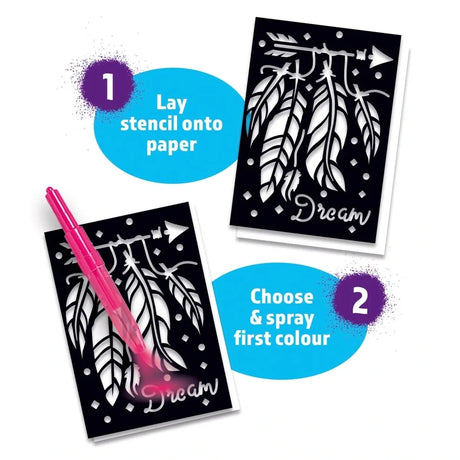 Blopens Sparkly Sequins steps showing the feather stencil placed on paper and the first colour sprayed with a pink Blopen