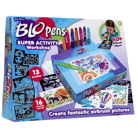 Blopens Super Activity Workshop box angled view showing Blopens, reusable stencils and sample airbrush pictures