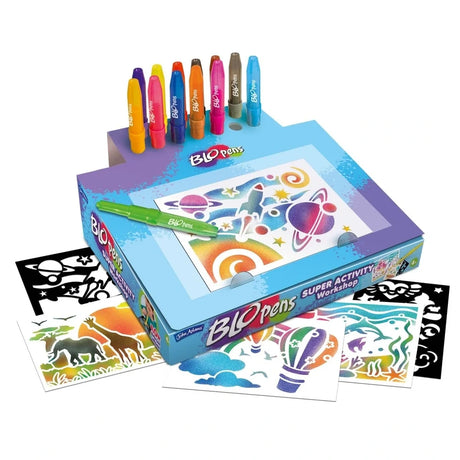 Blopens Super Activity Workshop contents with Blopens, reusable stencils, drawing sheets and easel style activity box