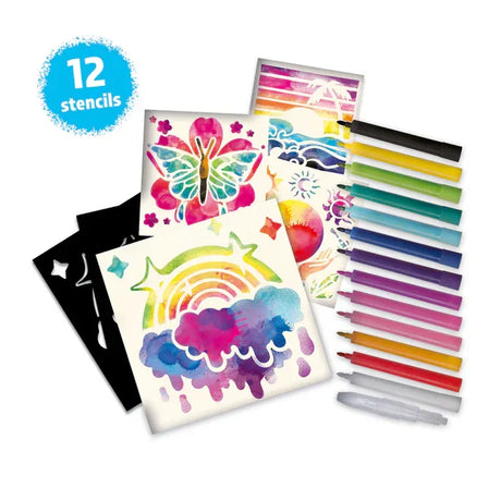 Contents of BloPens Tie Dye Style set with stencils, sheets and 12 colourful pens in Ireland