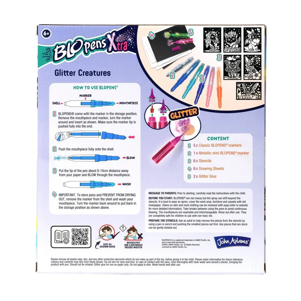Back of Blopens Xtra Glitter Creatures box showing instructions, contents and creature stencil designs