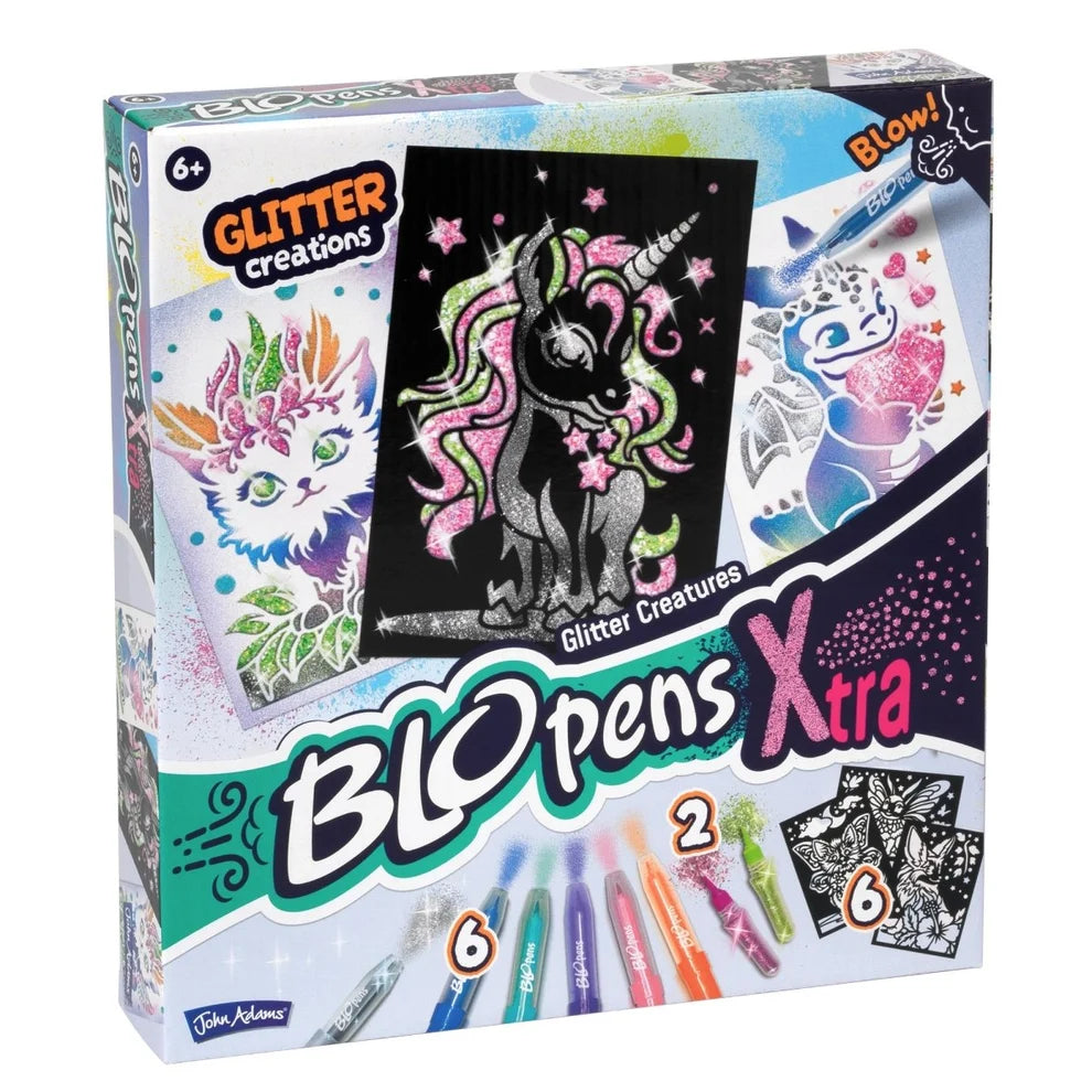 Blopens Xtra Glitter Creatures box shown from the left with unicorn artwork on the front