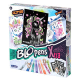 Blopens Xtra Glitter Creatures box shown from the right with unicorn artwork and Blopens markers on the front