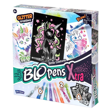 Blopens Xtra Glitter Creatures box shown from the right with unicorn artwork and Blopens markers on the front