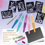 Blopens Xtra Glitter Creatures set contents showing six Blopens markers, six creature stencils, drawing sheets and two glitter glue tubes
