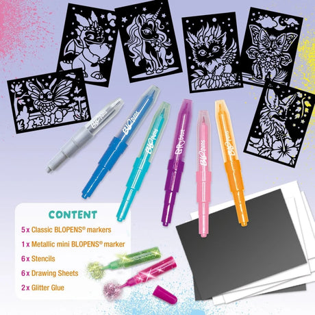 Blopens Xtra Glitter Creatures set contents showing six Blopens markers, six creature stencils, drawing sheets and two glitter glue tubes