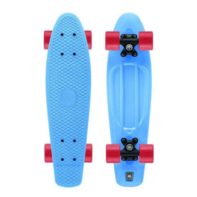 Blue retro mini cruiser skateboard shown from top and underside views with red wheels.