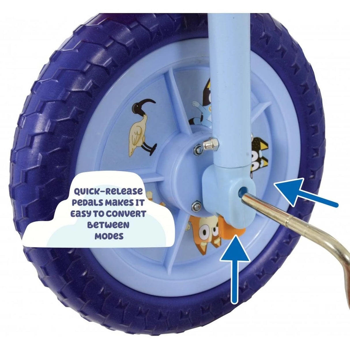 Bluey 2 in 1 training bike detail image showing quick-release pedals and conversion text