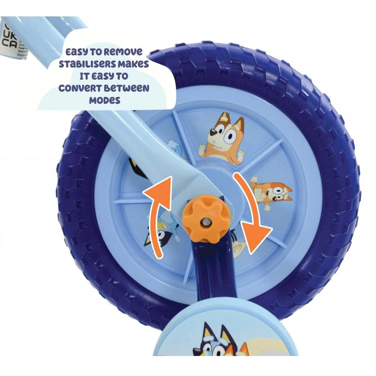Bluey 2 in 1 training bike detail image showing removable stabilisers and conversion text