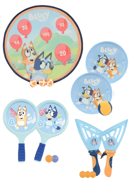 Bluey 4 in 1 Bumper Box of Garden Games full set layout showing target game, sticky catch set, pop and catch set, bat and ball set, and balls