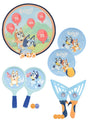 Bluey 4 in 1 Bumper Box of Garden Games full set layout showing target game, sticky catch set, pop and catch set, bat and ball set, and balls