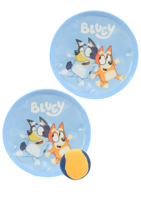 Bluey 4 in 1 Bumper Box of Garden Games sticky catch set showing two round catch pads and one yellow ball