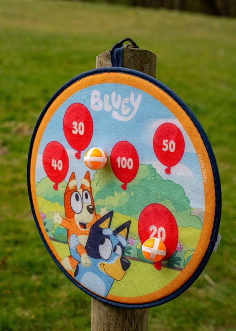 Bluey 4 in 1 Bumper Box of Garden Games target board shown outdoors attached to a post