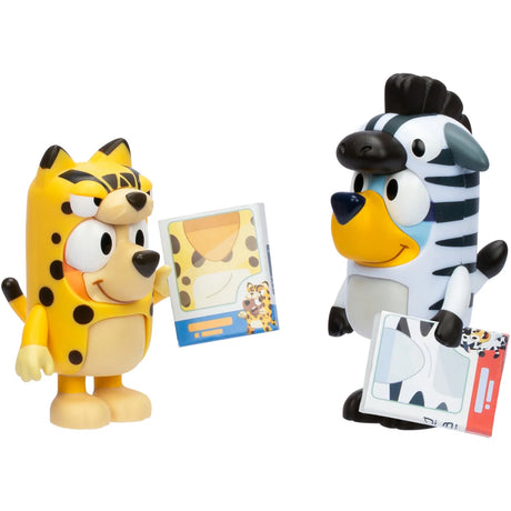 Bluey and Bingo in zebra and cheetah animal costume onesies holding cards – Ireland