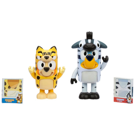 Bluey and Bingo in animal costumes standing with cardboard cutouts – Ireland