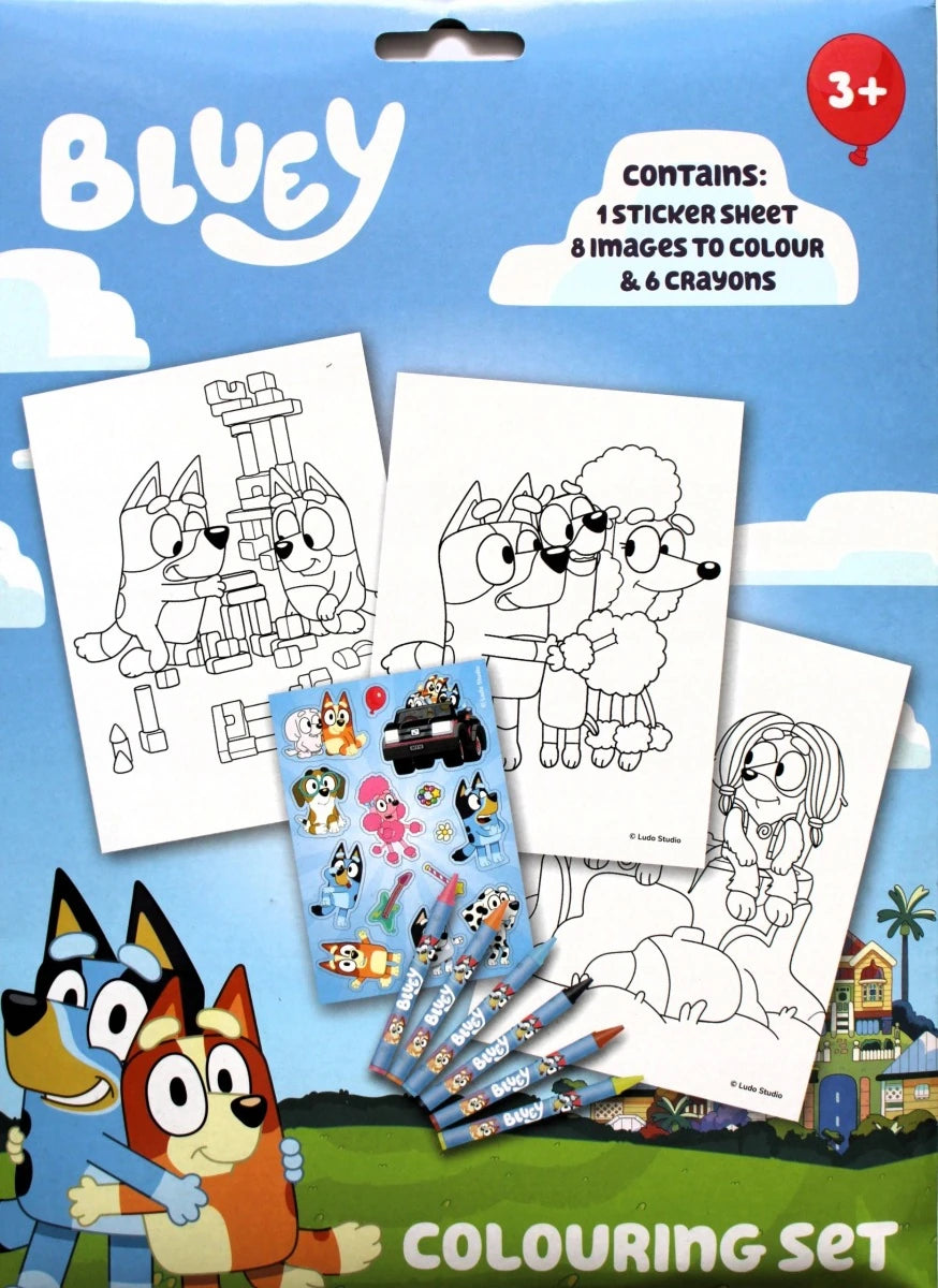 Bluey Colouring Set packaging with colouring pages, six crayons and a Bluey sticker sheet