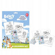 Bluey Colouring Set pack shown beside colouring sheets, six crayons and a Bluey sticker sheet