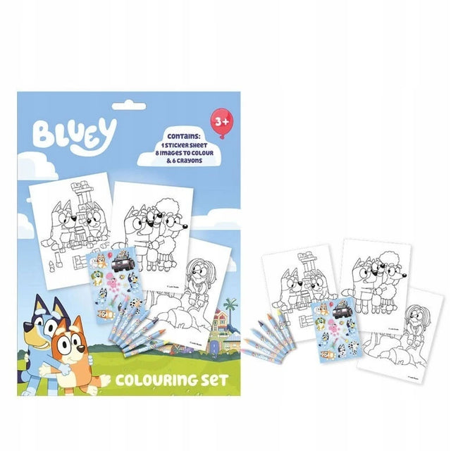 Bluey Colouring Set pack shown beside colouring sheets, six crayons and a Bluey sticker sheet