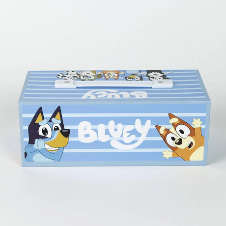 Bluey Colouring Stationery Briefcase Set closed with blue striped case and Bluey and Bingo character design