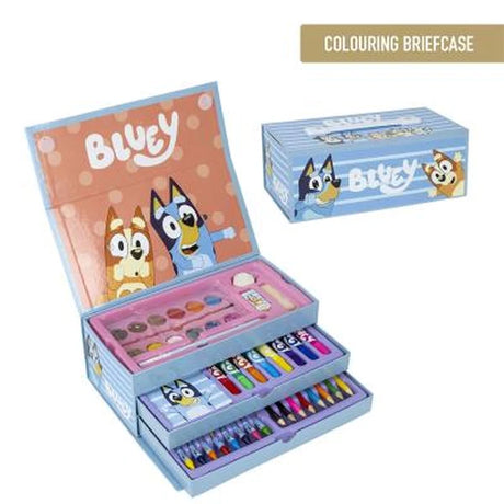 Bluey Colouring Stationery Briefcase Set shown open with art supplies and closed with Bluey and Bingo character artwork