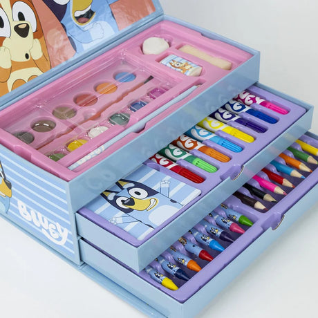 Bluey Colouring Stationery Briefcase Set open with pull out drawers holding paints, markers and colouring pencils