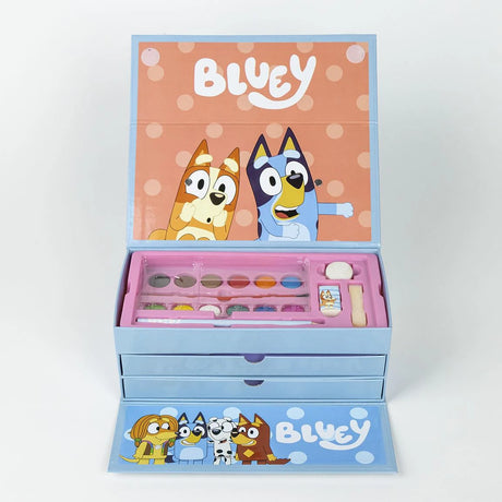 Bluey Colouring Stationery Briefcase Set open from the front showing the paint tray and three storage drawers