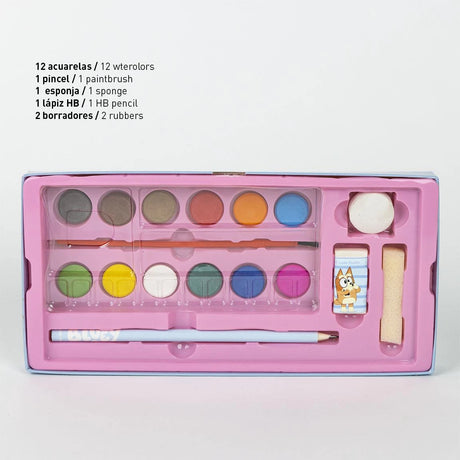 Bluey Colouring Stationery Briefcase Set with twelve watercolour paints, paintbrush, sponge, pencil, sharpener and erasers