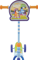Bluey Deluxe Tri Scooter front view with Bluey plaque and bright colours in Ireland