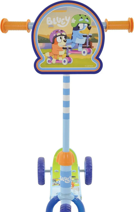 Bluey Deluxe Tri Scooter front view with Bluey plaque and bright colours in Ireland
