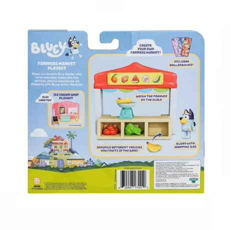 Back of Bluey Farmers Market toy playset packaging with features shown – Ireland