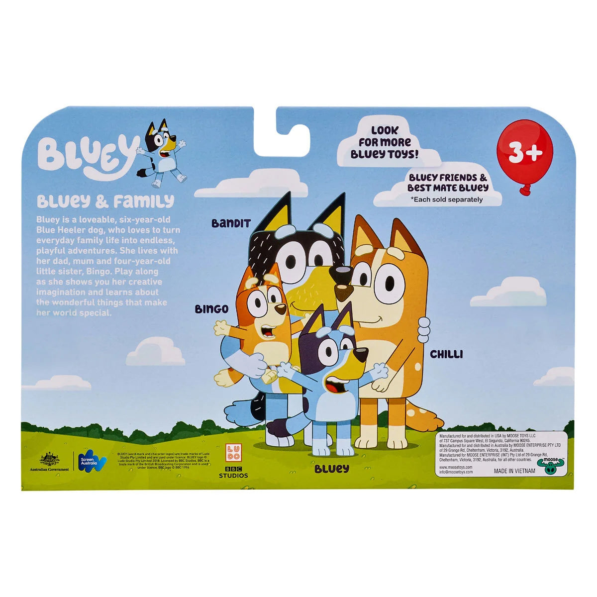Back of Bluey & Friends 4 Pack packaging with Bluey family illustration Ireland