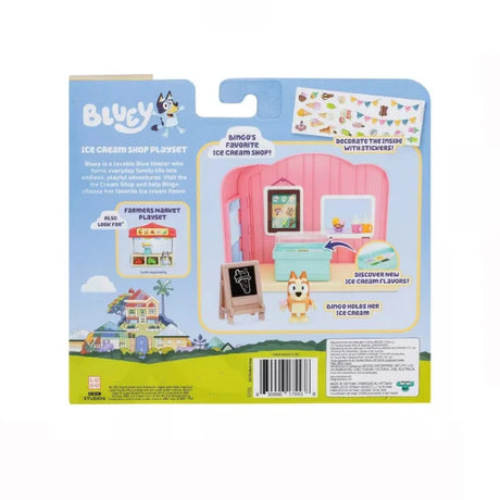 Back of Bluey Ice Cream Shop toy packaging showing features and sticker sheet – Ireland