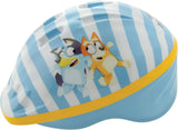 Side view of the Bluey kids helmet featuring striped design and character graphics on a white background