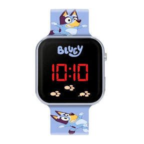 Bluey LED Digital Watch close view showing the red LED time display, Bluey logo and character printed strap