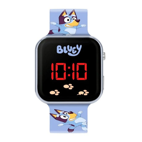 Bluey LED Digital Watch close view showing the red LED time display, Bluey logo and character printed strap
