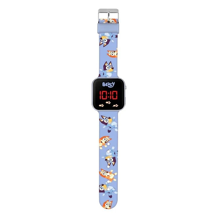 Bluey LED Digital Watch full view with blue character printed strap, square case and red LED display
