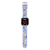 Bluey LED Digital Watch full view with blue character printed strap, square case and red LED display