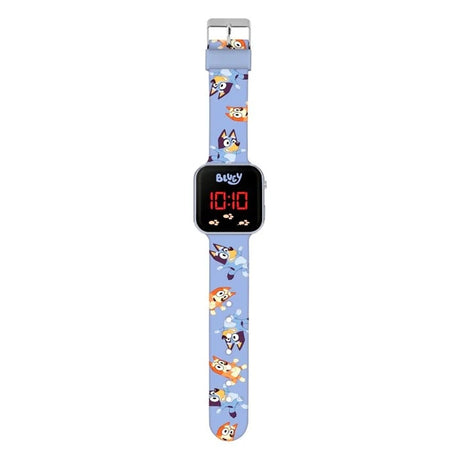 Bluey LED Digital Watch full view with blue character printed strap, square case and red LED display
