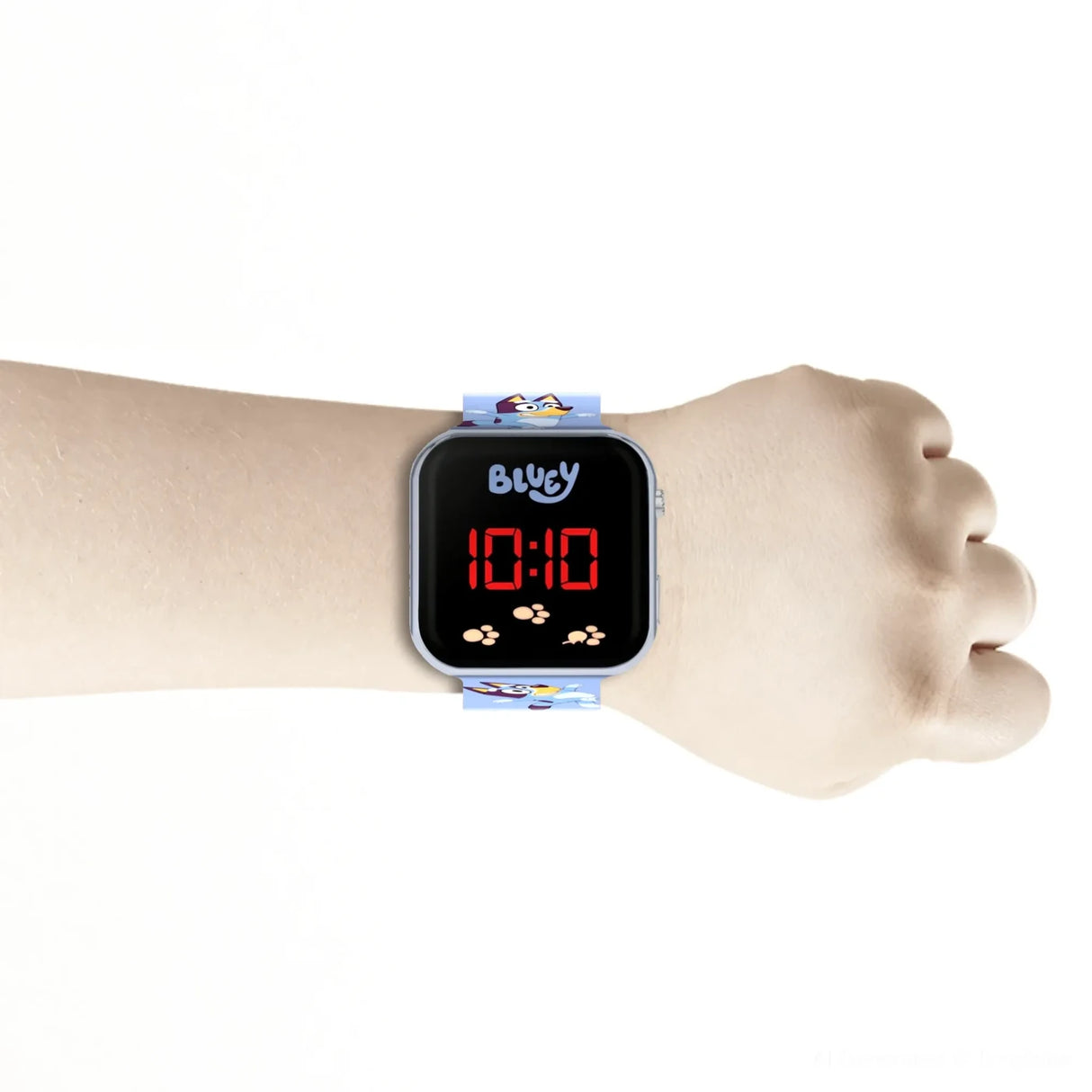 Bluey LED Digital Watch on a wrist with red LED time display and Bluey character printed strap
