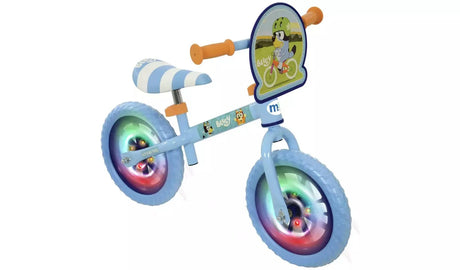Rear angle view of the Bluey Light Up Balance Bike showing the striped saddle, Bluey character handlebar panel, orange grips and both light-up wheels active
