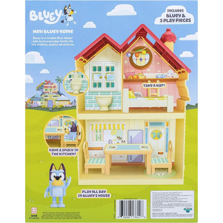Back of Bluey Mini Family Home Playset packaging with play features highlighted – Ireland
