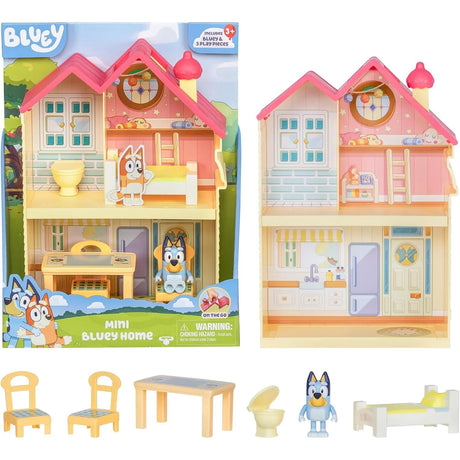 Bluey Mini Family Home Playset front view in packaging with Bluey figure and accessories – Ireland