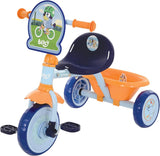 Bluey My First Trike shown from a front angle with orange grips, orange rear bucket, navy seat and character handlebar plaque