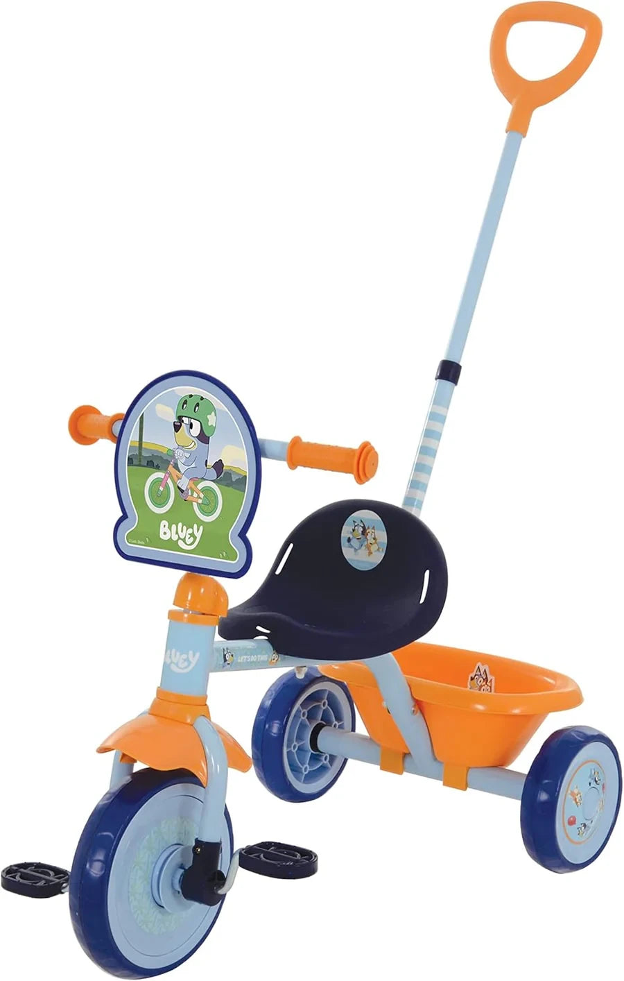 Bluey My First Trike with orange parent handle, orange rear bucket, navy seat and character handlebar plaque