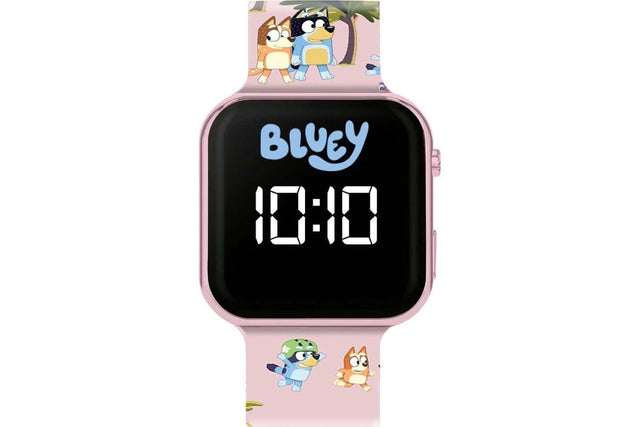 Bluey LED watch front view with Bluey logo, white digital display and pink printed silicone strap featuring Bluey and Bingo characters