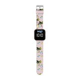 Bluey LED watch showing full printed pink silicone strap with Bluey, Bingo and palm tree character print design